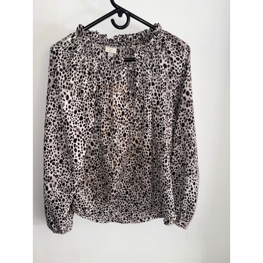 A New Day Womens Leopard Print Ruffle Neck Keyhole Blouse Long Sleeve Top Medium